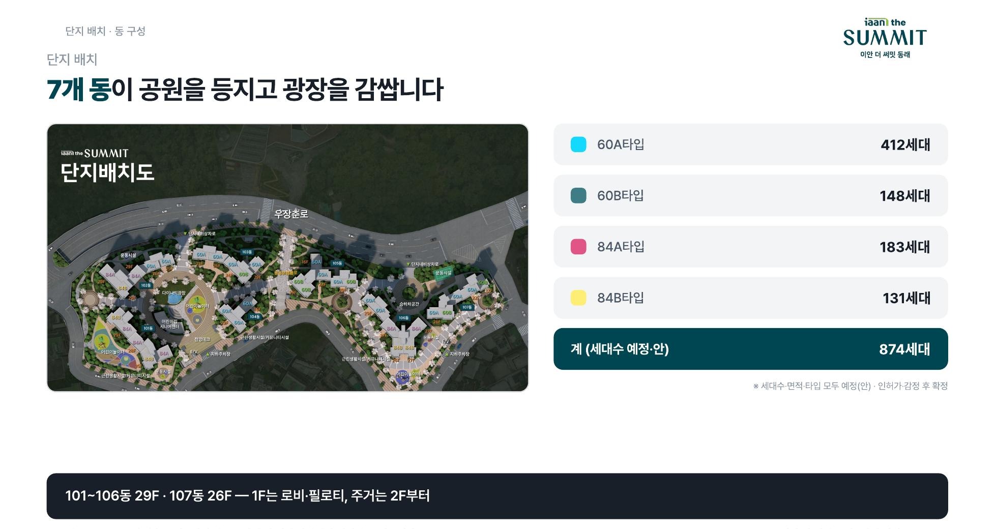 7개 동이 공원을 등지고 광장을 감쌉니다 — 단지 배치도