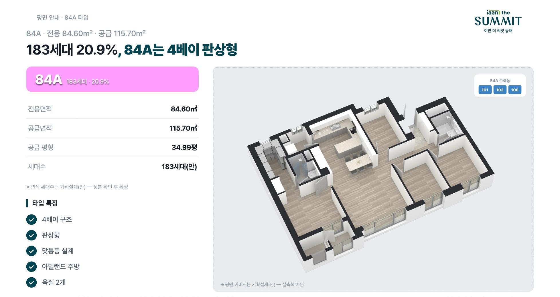 84A — 183세대 20.9% 4베이 판상형 · 전용 84.60㎡